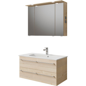Saphir Badkamerserie Serie 6025 2-delig, mineraalmarmeren wastafel met led-spiegelkast Wastafelmeubel 97 cm breed, 2 laden, 3 spiegeldeuren, incl. deurdemper (2-delig)