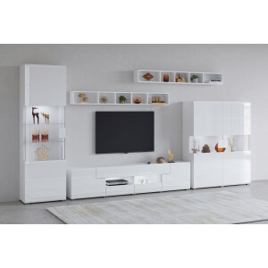 INOSIGN Wandmeubel Toledo, breedte 391cm stijlvolle mediawand zonder verlichting Opbouwwand (vitrine, lowboard, highboard, 2x hangplank) MDF hoogglans fronten (set, 5 stuks)