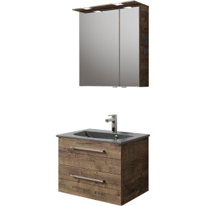 Saphir Badkamerserie Serie 6025 2-delig, mineraalmarmeren wastafel met led-spiegelkast Wastafelmeubel 67 cm breed, 2 laden, 2 spiegeldeuren, incl. deurdemper (2-delig)