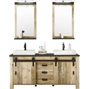 Home affaire Badkamerserie SHERWOOD, Bad im modernen Design, 3-teiliges Badezimmer in houtdecor, met schuurdeurbeslag en apothekersgrepen van metaal (3-delig)