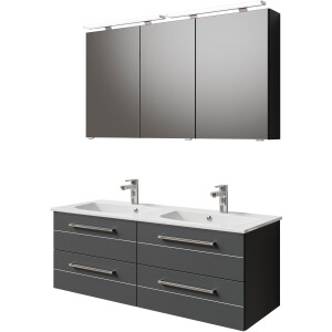 Saphir Badkamerserie Serie 6025 2-delig, mineraalmarmeren wastafel met led-spiegelkast Wastafelmeubel 132 cm breed, 4 laden, 2 spiegeldeuren, incl. deurdemper (2-delig)