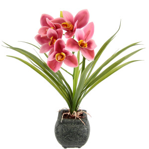 my home Kunstbloem Orchidee Met bladeren in pot van cement, kunstbloem Cymbidium-orchidee (1 stuk)
