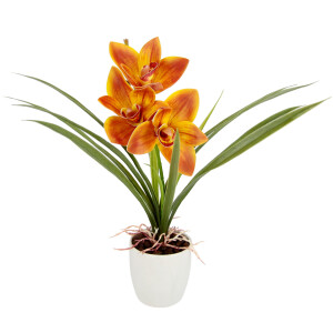 I.GE.A. Kunstbloem Orchidee Met bladeren in pot van keramiek, kunstbloem Cymbidium-orchidee (1 stuk)