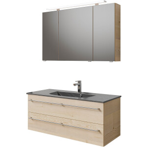 Saphir Badkamerserie Serie 6025 2-delig, mineraalmarmeren wastafel met led-spiegelkast Wastafelmeubel 117 cm breed, 2 laden, 3 spiegeldeuren, incl. deurdemper (2-delig)