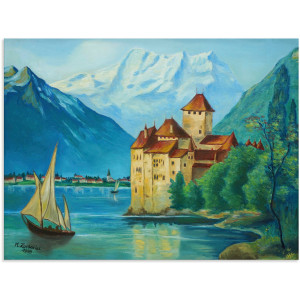 Artland Aluminium dibond print Kasteel Chillon aan het Meer van Genève geschikt voor binnen en buiten, buitenafbeelding