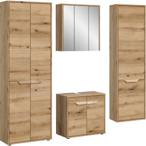 welltime Badmeubelset Kayu, bestaande uit: 2 hoge kasten, wastafelonderkast Spiegelschrank, hoogwaardige MDF front met groeffrasing, badkamer, badkamer set