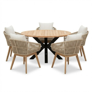 Cleve/Bella zand dining tuinset | 5 personen | teakhout + touw | 140cm rond