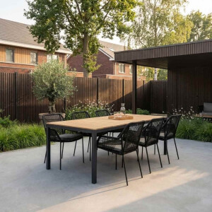 Delta/Seville zwart dining tuinset | 6 personen | teakhout + touw | 220cm