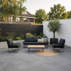 Portofino stoel-bank loungeset 5 personen | aluminium + teakhout | zwart | 4-delig