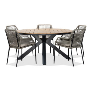 Arezzo/Seville zand dining tuinset | 5 personen | polywood + touw | 150cm rond
