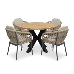 Cleve/Femke beige/antraciet dining tuinset | 4 personen | teakhout + touw | 120cm rond