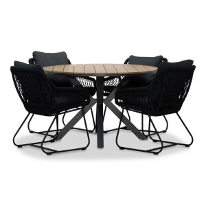 Cervo/Portofino zwart dining tuinset | 4 personen | polywood + touw | 120cm