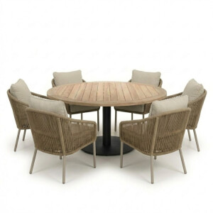 Ventura antraciet/Mara Sahara Dust low dining tuinset | 6 personen | teakhout + touw | 150cm rond