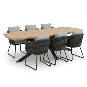 Salo/Flora Stone Grey dining tuinset | 6 personen | hardhout + touw | 240cm Deens