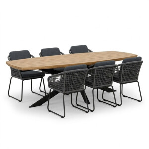 Salo/Tulum Lava Grey dining tuinset | 6 personen | hardhout + touw | 240cm Deens