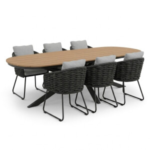 Texas antraciet/Flora Stone Grey dining tuinset | 6 personen | polywood + touw | 260cm