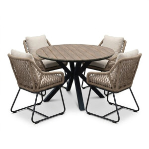 Cervo bruin/Portofino Sahara Dust dining tuinset | 4 personen | polywood + touw | 120cm rond