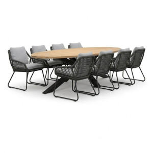 Cleve/Portofino Stone Grey dining tuinset | 8 personen | teakhout + touw | 280cm ovaal