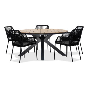 Arezzo/Seville zwart dining tuinset | 5 personen | polywood + touw | 150cm rond