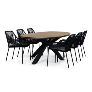 Arezzo/Seville zwart dining tuinset | 6 personen | polywood + touw | 240cm ovaal