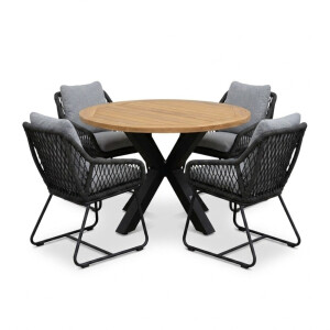 Cleve/Portofino Stone Grey dining tuinset | 4 personen | teakhout + touw | 120cm rond