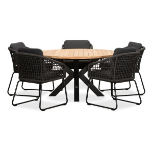 Cleve/Tulum Lava Grey dining tuinset | 5 personen | teakhout + touw | 140cm rond