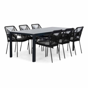 Manchester/Seville zwart dining tuinset | 6 personen | aluminium + aluminium | 205cm