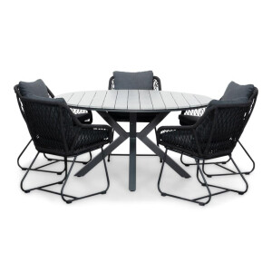 Cervo Grey/Portofino zwart dining tuinset | 5 personen | polywood + touw | 144cm