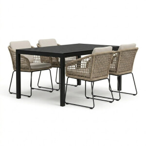 Manchester zwart/Tulum Sahara Dust dining tuinset | 4 personen | polywood + touw | 205cm