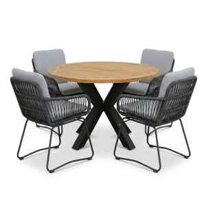 Cleve antraciet/Harper Stone Grey dining tuinset | 4 personen | teakhout + touw | 120cm rond