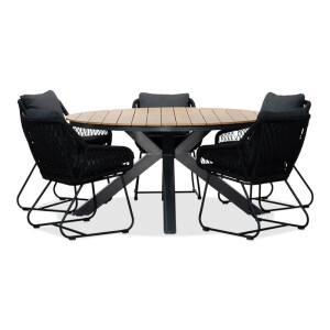Arezzo/Portofino zwart dining tuinset | 5 personen | polywood + touw | 150cm rond