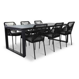 Helsinki Grey/Seville zwart dining tuinset | 6 personen | polywood + touw | 210cm