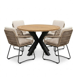 Cleve antraciet/Harper Sahara Dust dining tuinset | 4 personen | teakhout + touw | 120cm rond