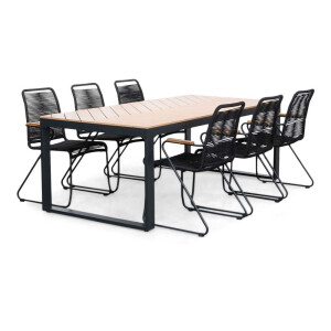 Kampa Natural/Gladys zwart dining tuinset | 6 personen | polywood + touw | 210cm
