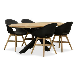Cleve/Karlstad zwart dining tuinset | 4 personen | teakhout + kunststof | 200cm ovaal