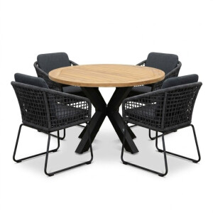 Cleve antraciet/Tulum Lava Grey dining tuinset | 4 personen | teakhout + touw | 120cm rond
