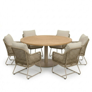 Ventura beige/Gianna Sandstone low dining tuinset | 6 personen | teakhout +  touw | 160cm rond