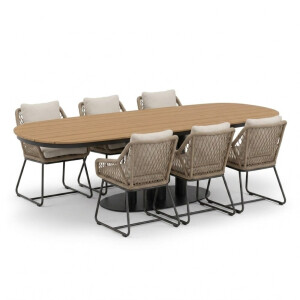 Panama antraciet/Portofino Sahara Dust dining tuinset | 6 personen | polywood + touw | 260cm