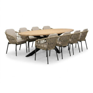 Cleve/Femke beige/antraciet dining tuinset | 8 personen | teakhout + touw | 280cm ovaal