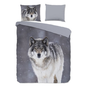 Flanellen Dekbedovertrek Wolfie - Lits-Jumeaux XL (260x200 cm) - Wit & Grijs & Antraciet Katoen - Dessin: Dieren, Natuur - Good Morning -