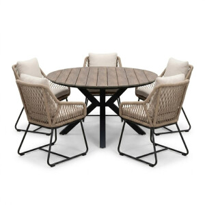 Cervo bruin/Portofino Sahara Dust dining tuinset | 5 personen | polywood + touw | 144cm rond