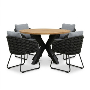 Cleve antraciet/Flora Stone Grey dining tuinset | 4 personen | teakhout + touw | 120cm rond