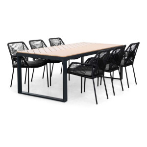 Kampa Natural/Seville zwart dining tuinset | 6 personen | polywood + touw | 210cm