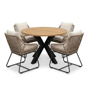Cleve antraciet/Portofino Sahara Dust dining tuinset | 4 personen | teakhout + touw | 120cm rond