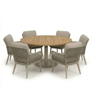 Ventura beige/Mila beige low dining tuinset | 6 personen | teakhout + touw | 160cm rond