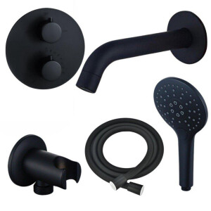 Fortifura Calvi Badkraan set - uitloop - 22cm inkortbaar - rond bedieningspaneel - gladde slang - ronde handdouche - inbouwdeel - wandhouder - mat zwart SW542644/SW706210/SW721167/SW1122511/SW496816/SW11