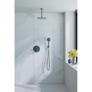 Fortifura Calvi Inbouw Regendoucheset - rond - thermostatisch - plafondarm - 25cm hoofddouche - ronde handdouche - gladde slang - Geborsteld Gunmetal PVD SW721165/SW720555/SW799449/SW720557/SW720569/SW799