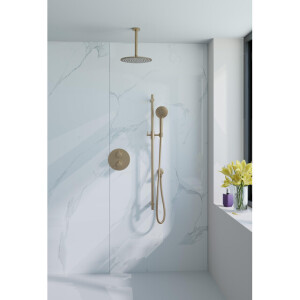 Fortifura Calvi Inbouw Regendoucheset - rond - thermostatisch - plafondarm - glijstang - 25cm hoofddouche - ronde handdouche - gladde slang - Geborsteld Messing PVD (Goud) SW728176/SW720555/SW720557/SW1183046/SW721169/SW76