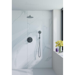 Fortifura Calvi Inbouw Regendoucheset - rond - thermostatisch - wandarm - 25cm hoofddouche - ronde handdouche - gladde slang - Geborsteld Gunmetal PVD SW721165/SW720556/SW720563/SW766536/SW721170/SW799
