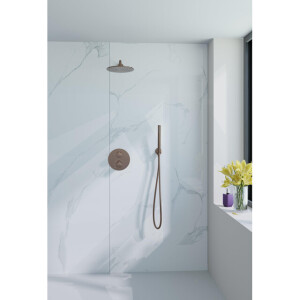 Fortifura Calvi inbouw Regendoucheset - rond - thermostatisch - wandarm - 25cm hoofddouche - staaf handdouche - gladde slang - Geborsteld koper PVD (Koper) SW799407/SW970041/SW970043/SW970045/SW970046/SW115